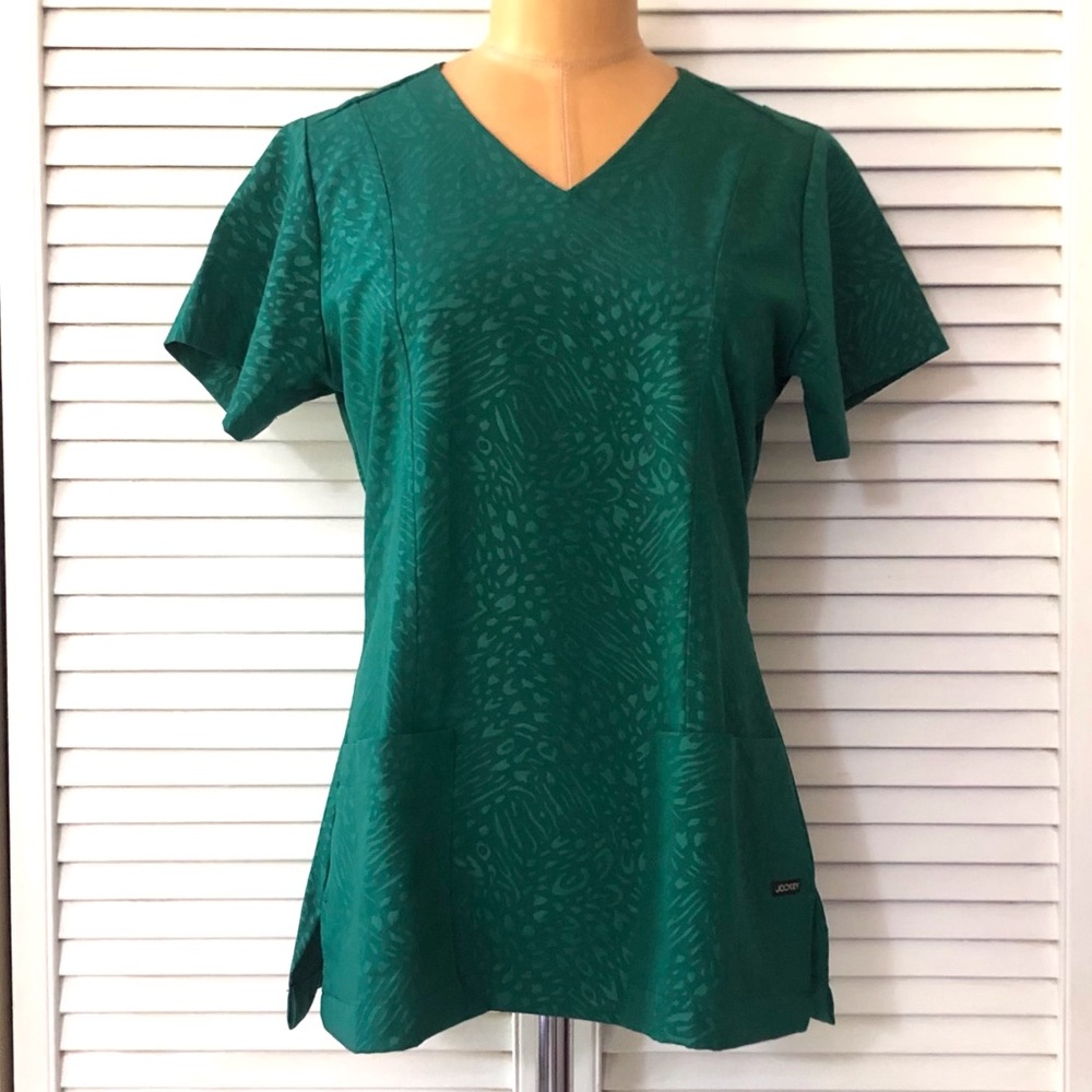 Jockey Womens Scrub Top Small Green Short Sleeve Hip Pockets V-neck Medical